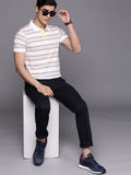 Raymond Men White & Yellow Striped Polo Collar Pure Cotton T-shirt
