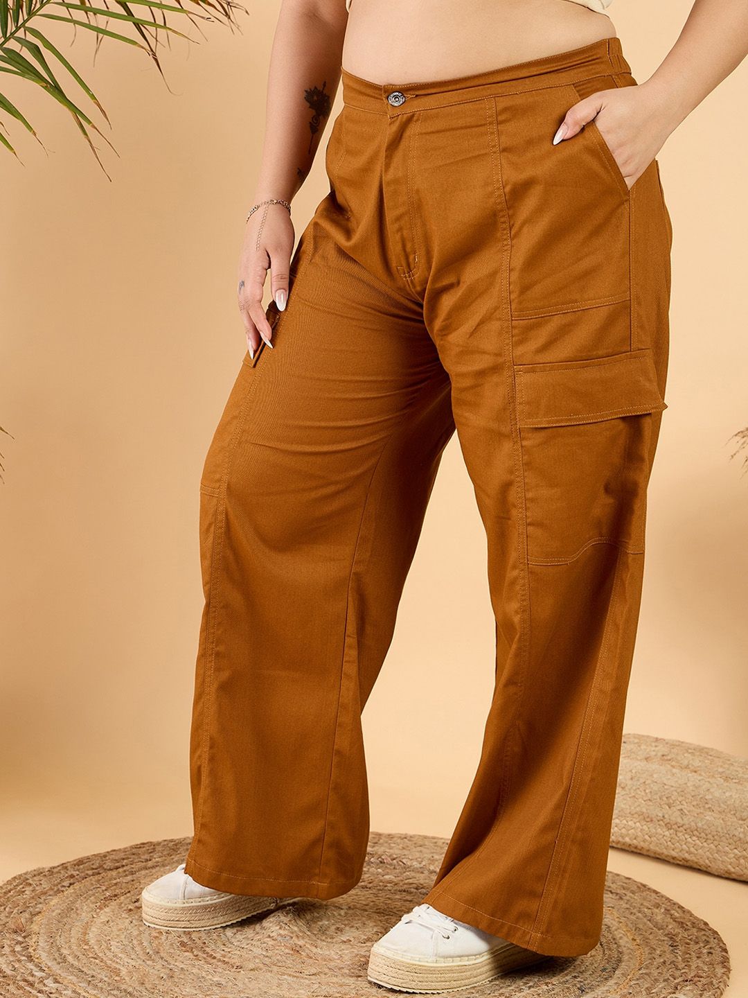CURVY STREET Women Plus Size Brown Loose Fit Mid-Rise Plain Wide Leg Cotton Trousers