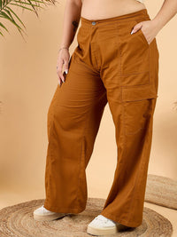 CURVY STREET Women Plus Size Brown Loose Fit Mid-Rise Plain Wide Leg Cotton Trousers