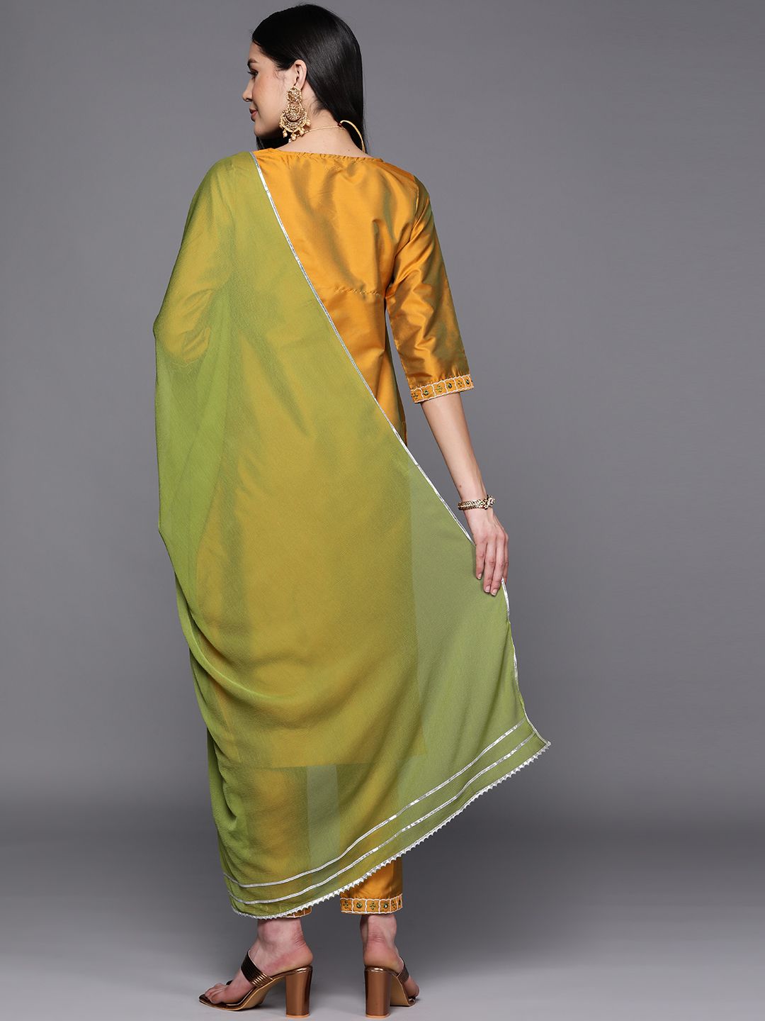 Libas Women Mustard Yellow Floral Yoke Design Mirror Work Kurta with Trousers & With Dupatta