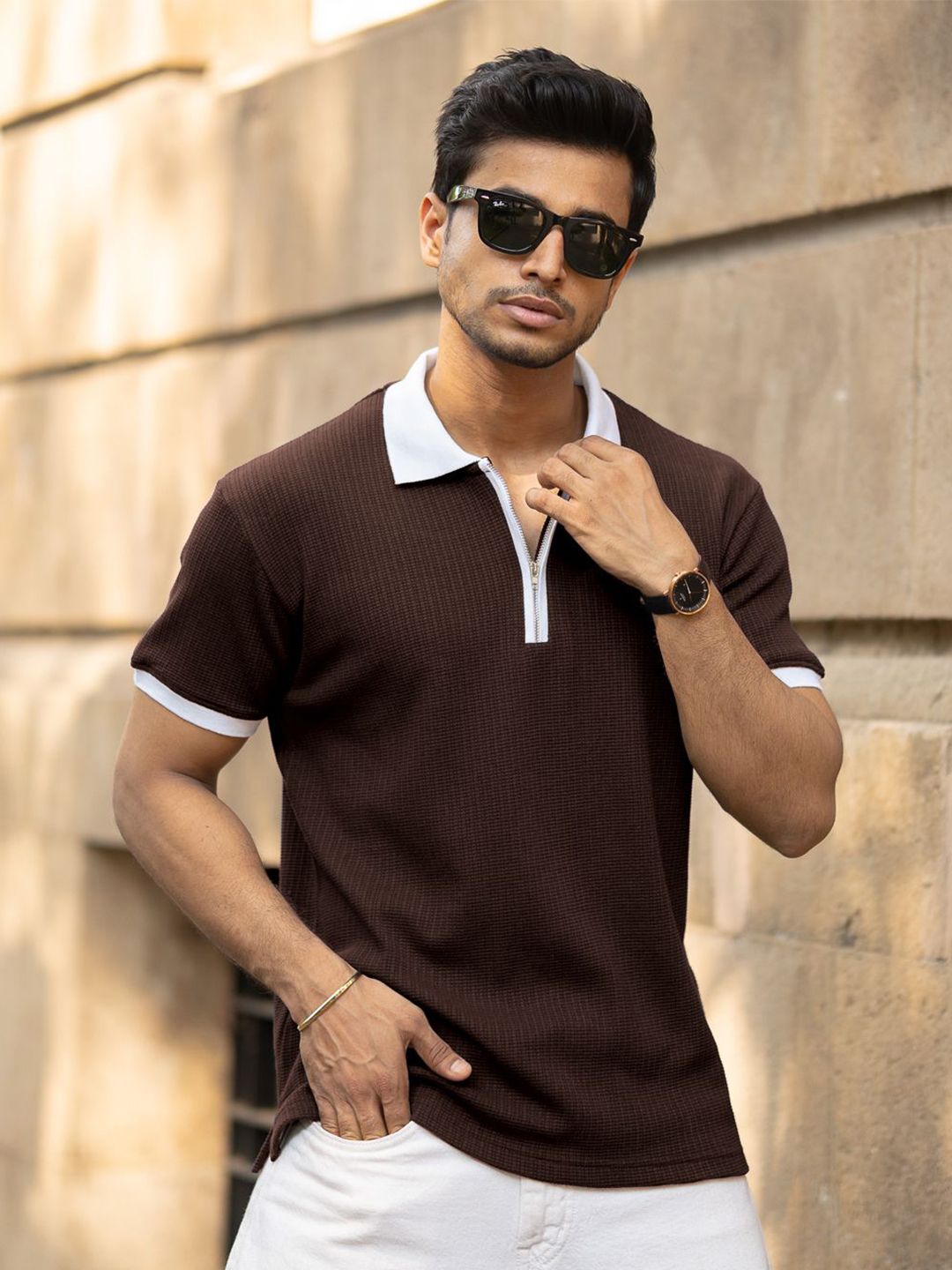 Powerlook Men Self Design Polo Collar T-shirt