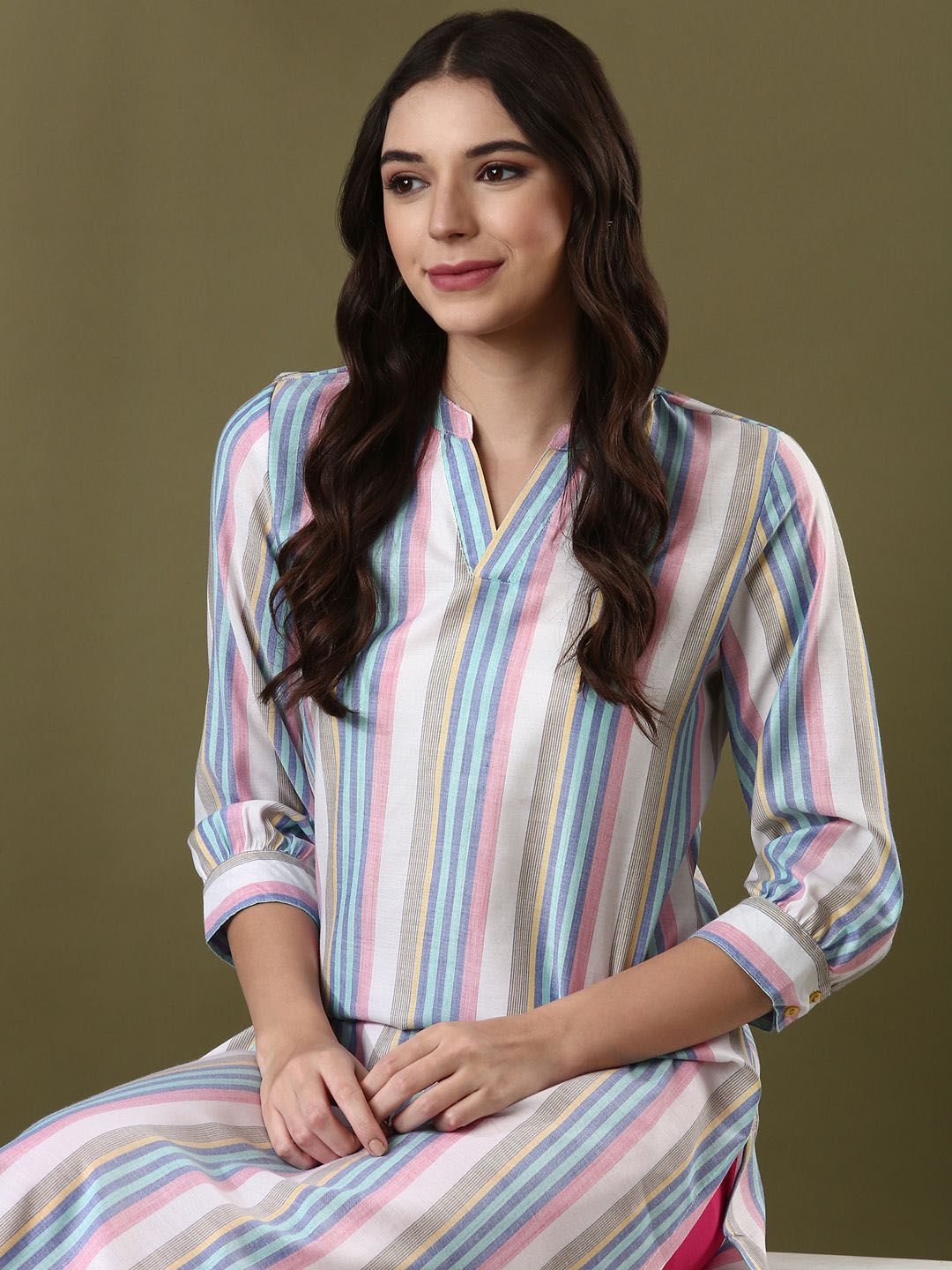 Anouk White Striped Mandarin Collar Pure Cotton Straight Kurta