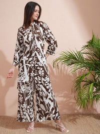 Vishudh Brown Printed Shirt collar Three-Quarter Sleeves Shirt With Palazzo