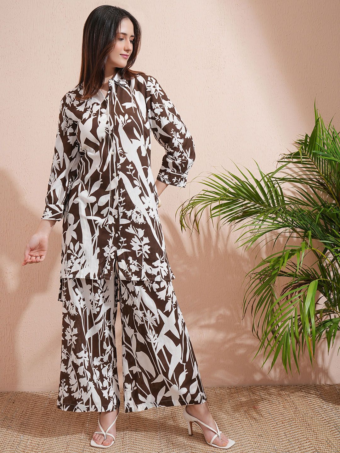 Vishudh Brown Printed Shirt collar Three-Quarter Sleeves Shirt With Palazzo