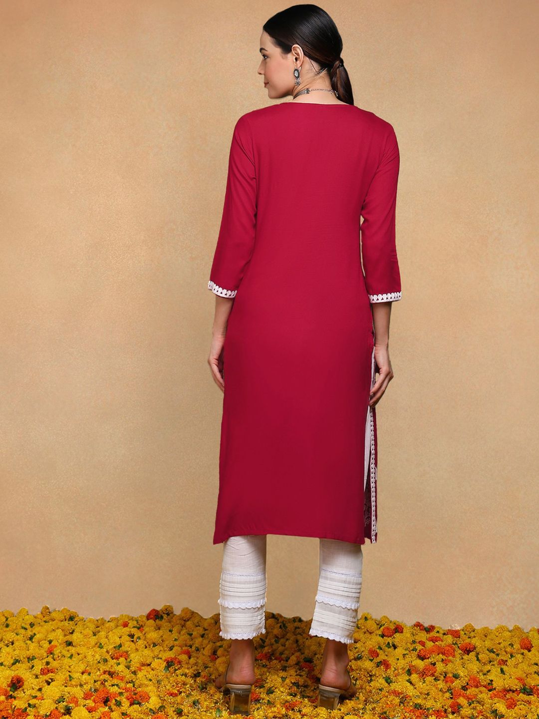 KALINI Round Neck Thread Work Straight Kurta