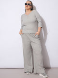 SASSAFRAS Curve Plus Size Rib Three-Quarter Sleeves Top With Trouser