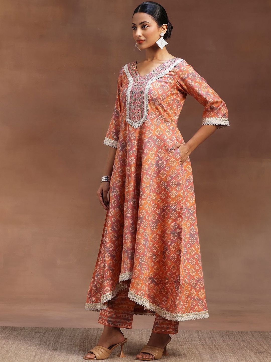 Libas Ethnic Motifs Printed Zari Panelled A-Line Kurta With Trouser & Dupatta