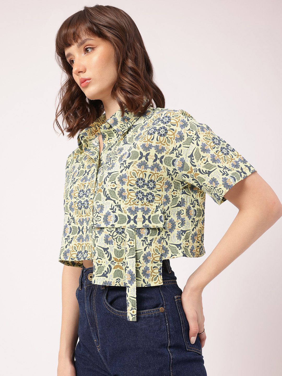DressBerry Nomad Nook Printed Seersucker Boxy Crop Shirt