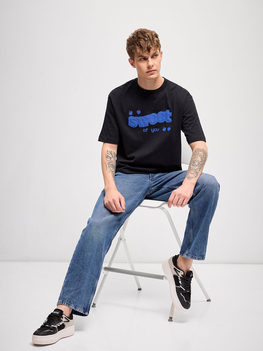 THE BEAR HOUSE Men Typography Printed Round Neck Pure Cotton Oversized T-shirt