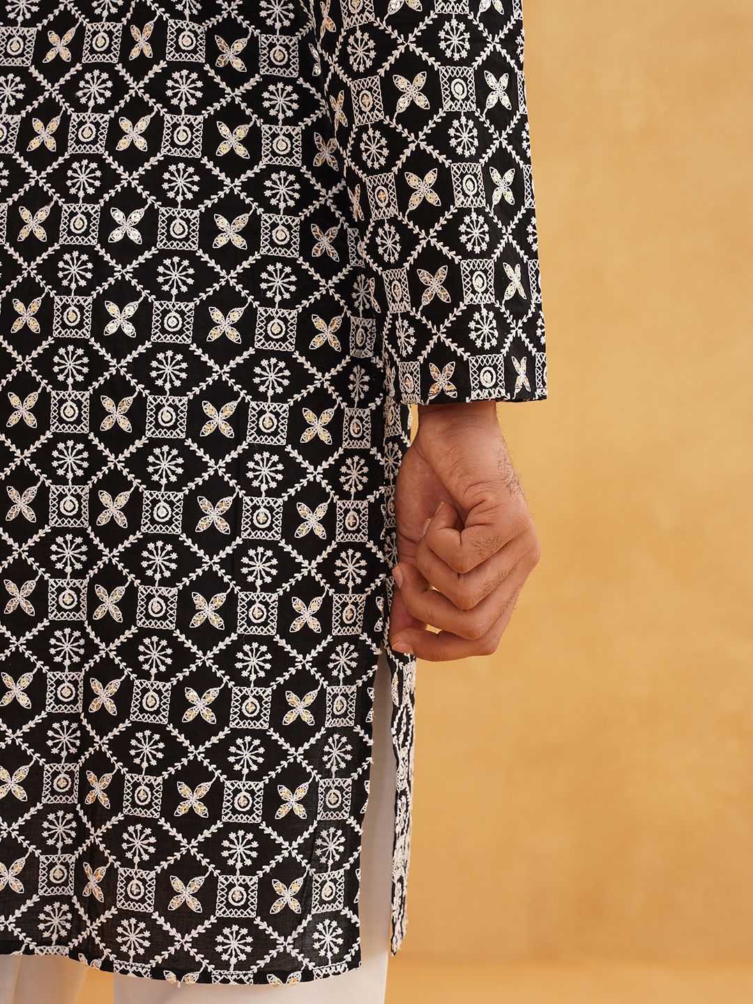SOJANYA Ethnic Motifs Embroidered Mandarin Collar Sequinned Pure Cotton Straight Kurta