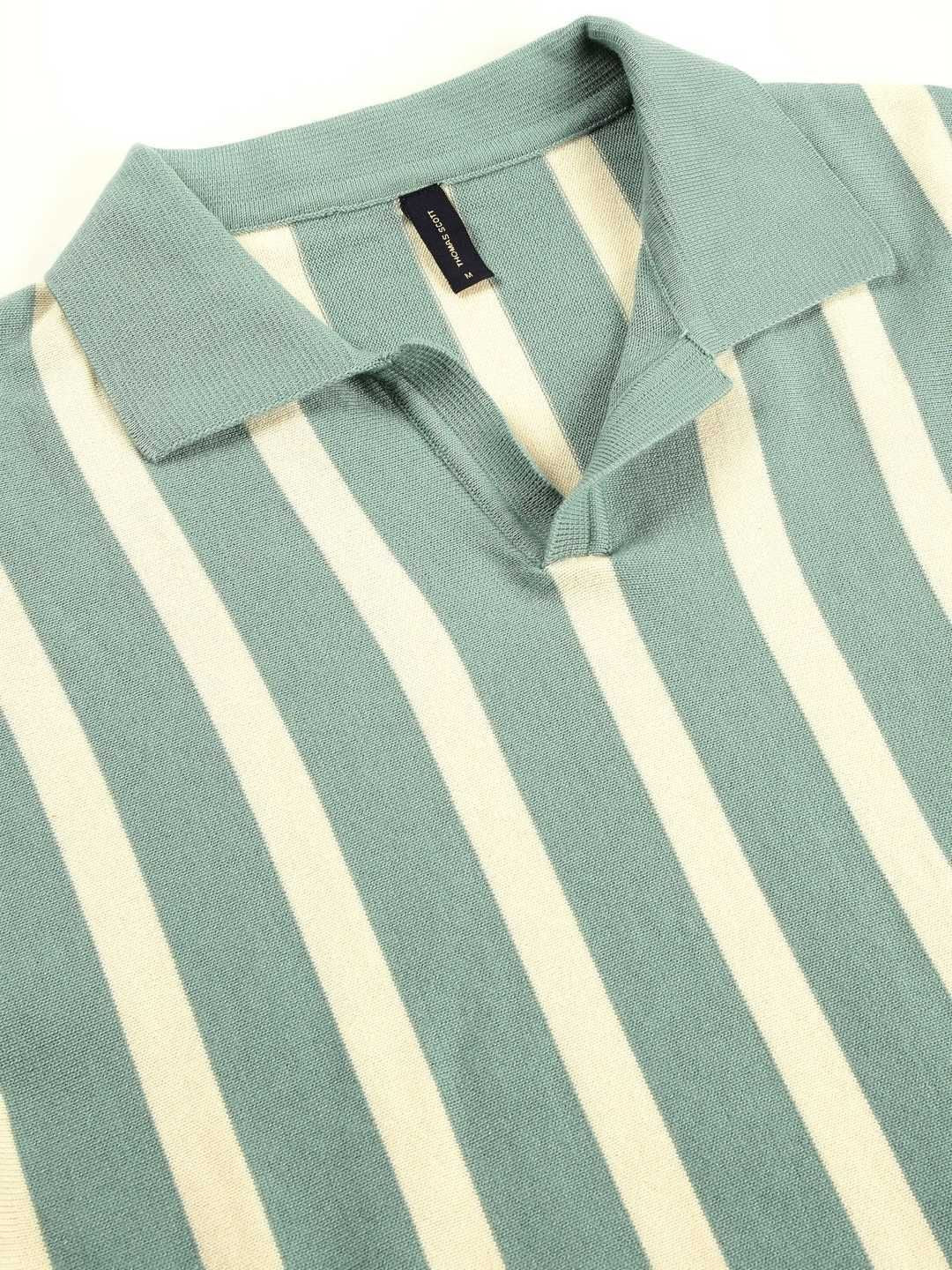 Thomas Scott Men Bio Finish Striped Polo Collar Cotton T-shirt