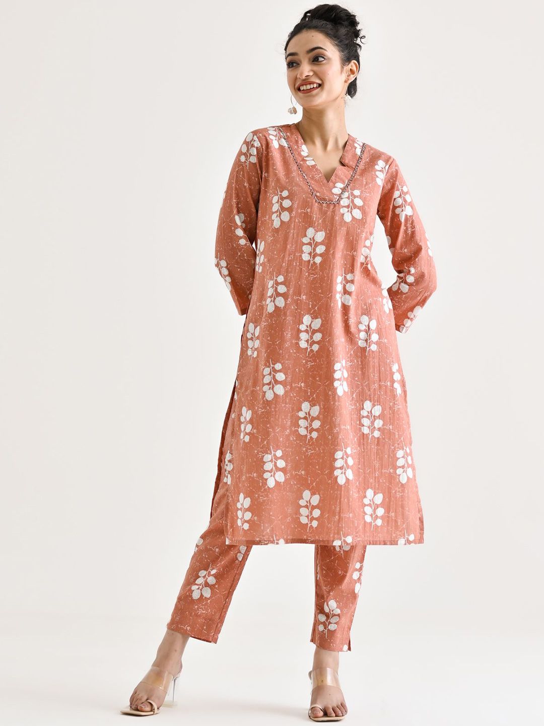 Rustorange Buta Printed Embroidered Neckline Detail Pure Cotton Tunic With Trouser Co-Ords