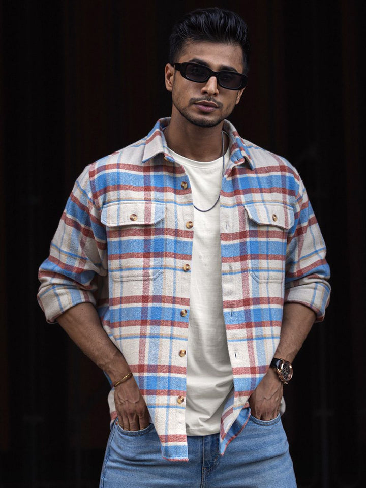 Powerlook Men Spread Collar Tartan Checked Cotton Casual Shirt