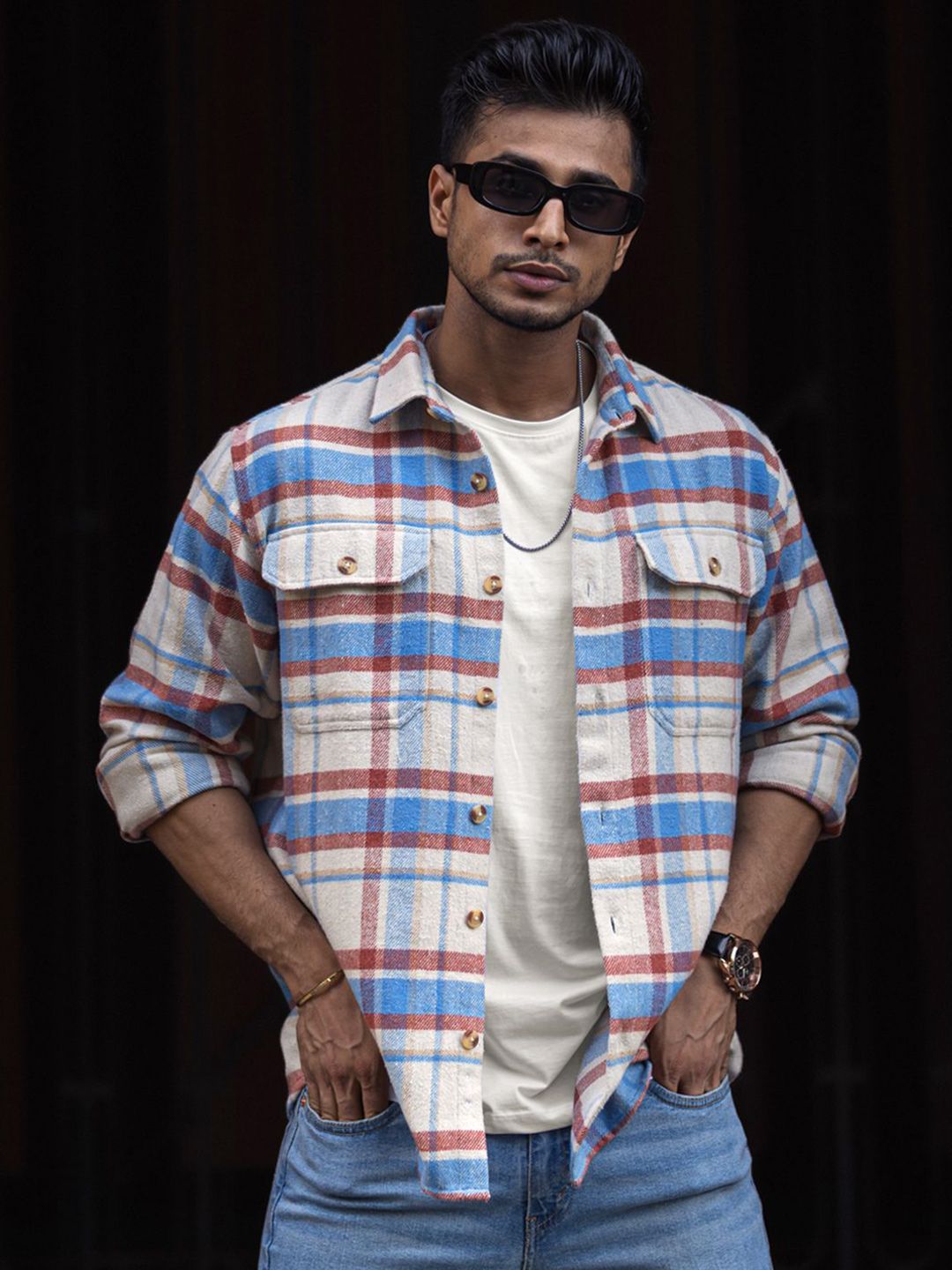 Powerlook Men Spread Collar Tartan Checked Cotton Casual Shirt