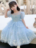 YK Girls Self Design Embellished Puff Sleeve Fit & Flare Dress