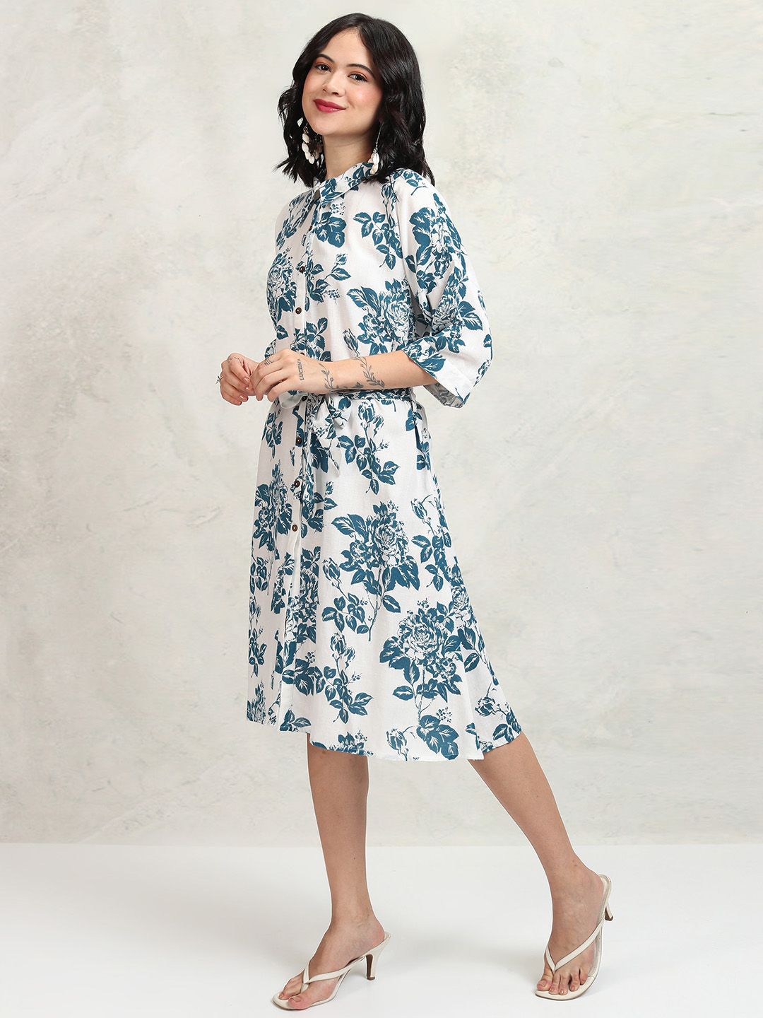 Vishudh Women Floral Print Shirt Collar Flared Sleeve Knee Length Shirt Dress