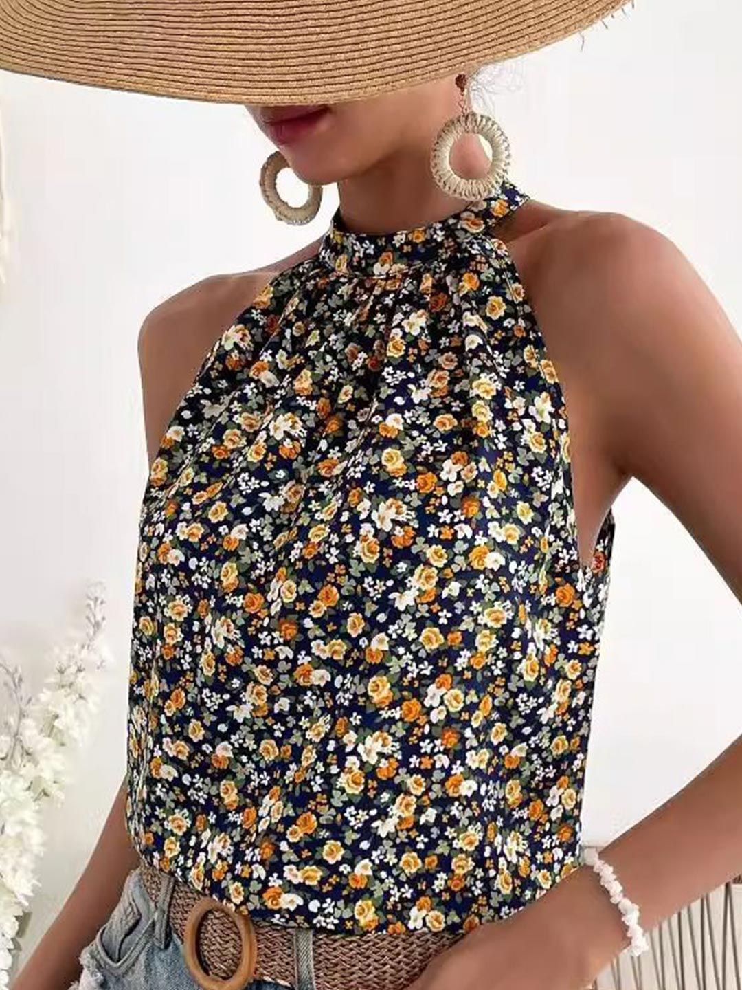 DressBerry Women Floral Print Halter Neck Sleeveless Top