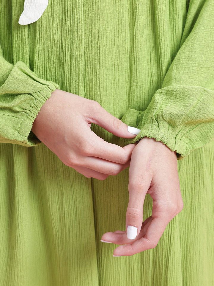 DressBerry Plisse Effect Bow-Detail V-Neck Extended Sleeves A-Line Dress