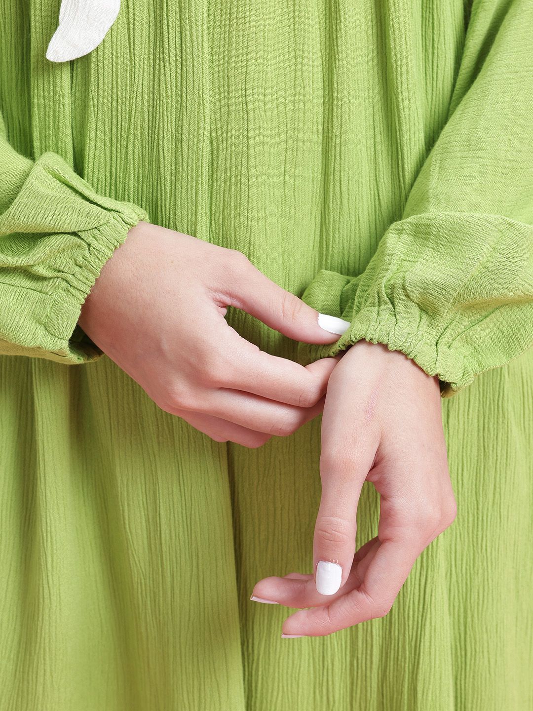 DressBerry Plisse Effect Bow-Detail V-Neck Extended Sleeves A-Line Dress