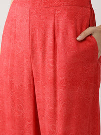 Libas Women Charcoal Grey & Coral Red Printed Kurta with Palazzos