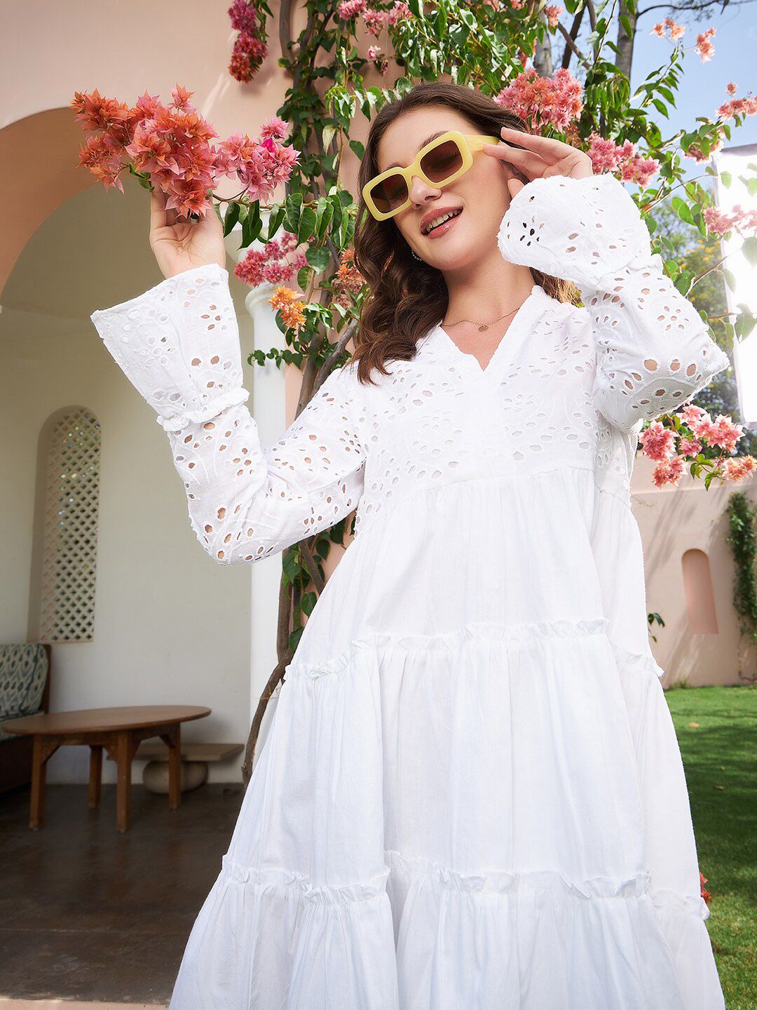 Athena White Schiffli Tiered A-Line Cotton Dress