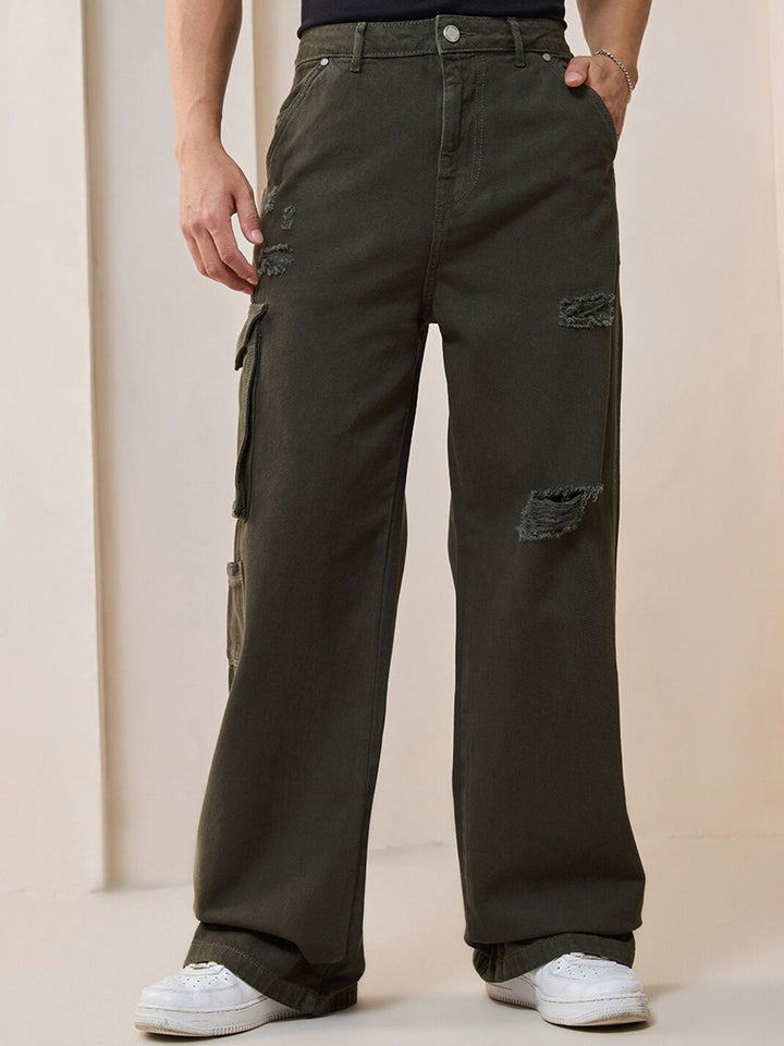 Bewakoof Men Straight Fit High-Rise Distressed Organic Cotton Baggy Jeans