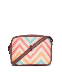 ZOUK Off-White & Pink Chevron Woven Design Handcrafted Vegan Leather Sustainable Sling Bag