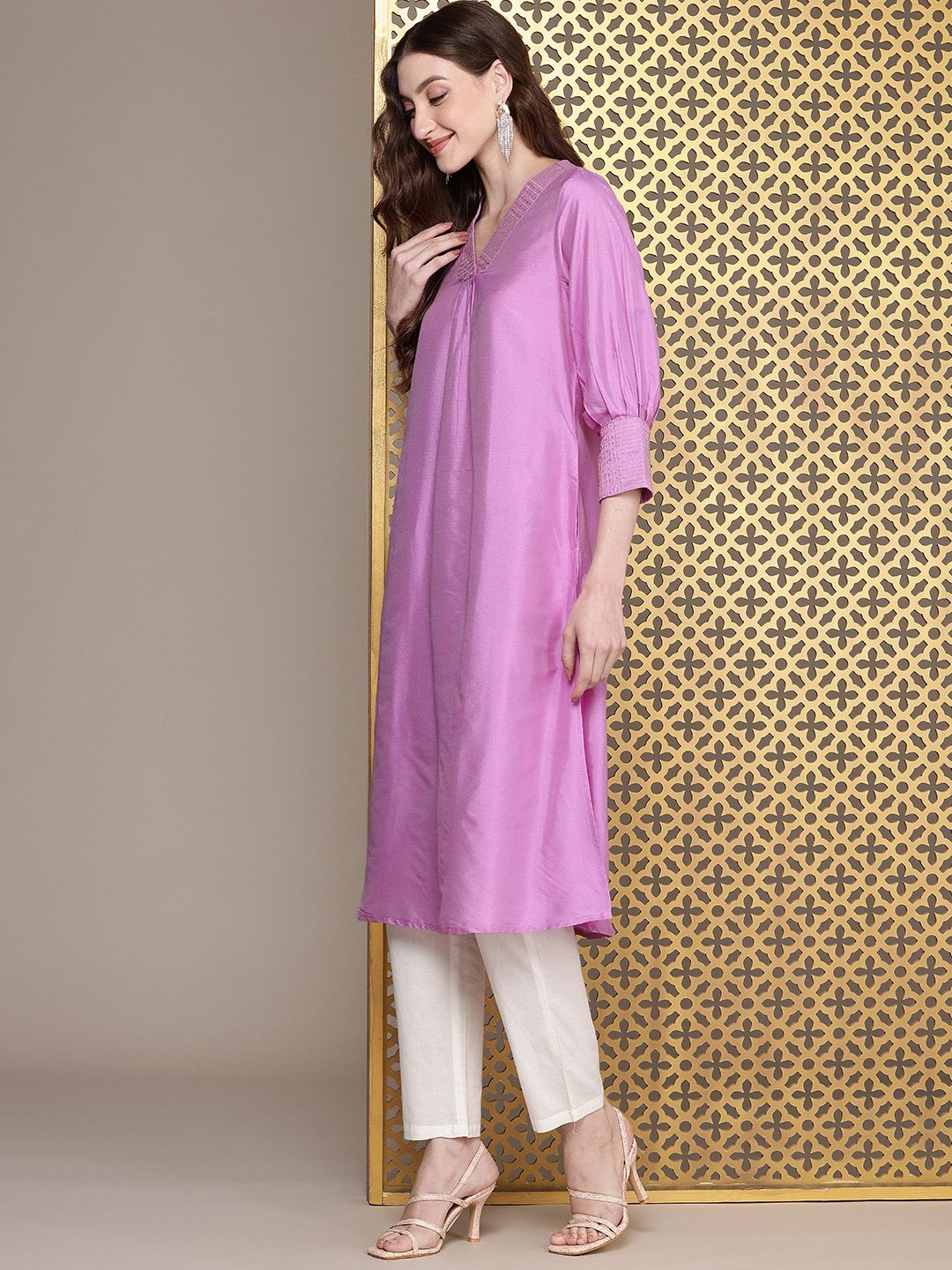 House of Pataudi V-Neck Zari Sequinned Pleated Rozana Kurta