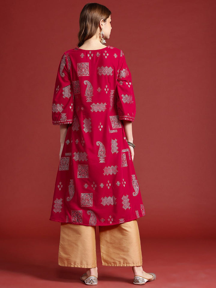 Anouk Women Tyohar Collection Ethnic Motifs Printed Thread Work Velvet Finish A-Line Kurta