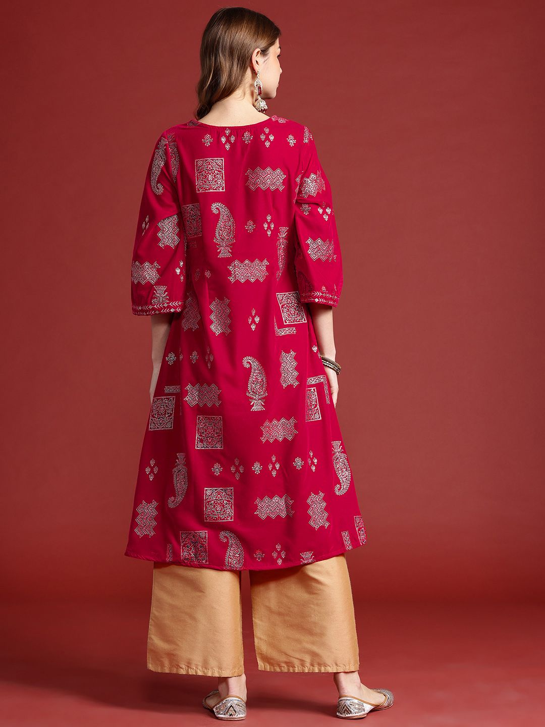 Anouk Women Tyohar Collection Ethnic Motifs Printed Thread Work Velvet Finish A-Line Kurta