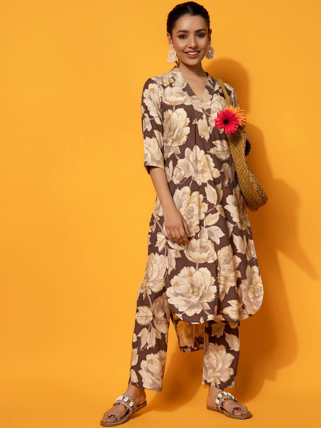 Libas Floral Printed V-Neck Tunic with Palazzo