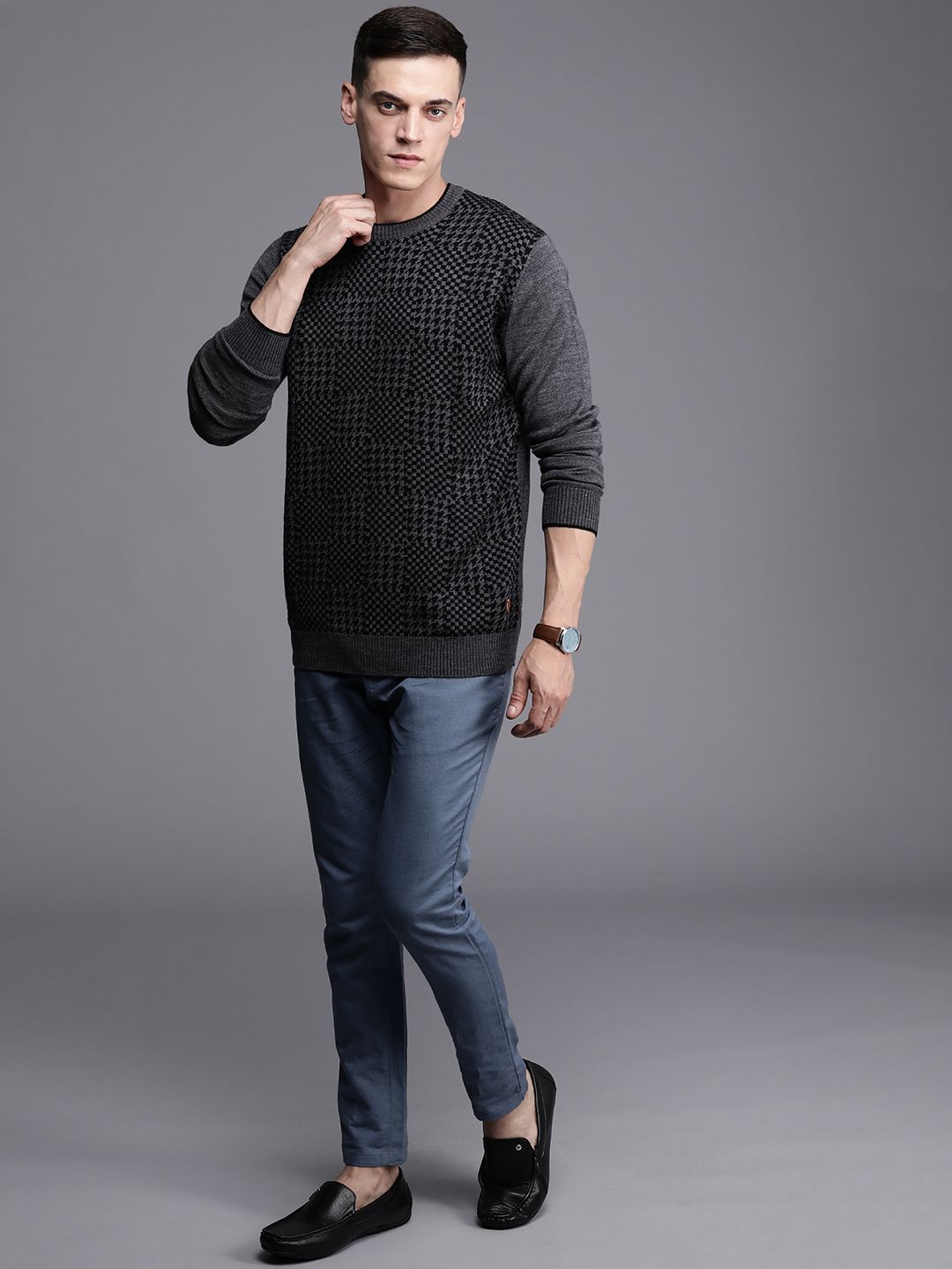 Raymond Men Charcoal Grey Self Design Pullover