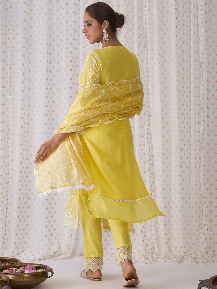 Indo Era Round Neck Floral Embroidered Pure Cotton Straight Kurta with Trouser & Dupatta