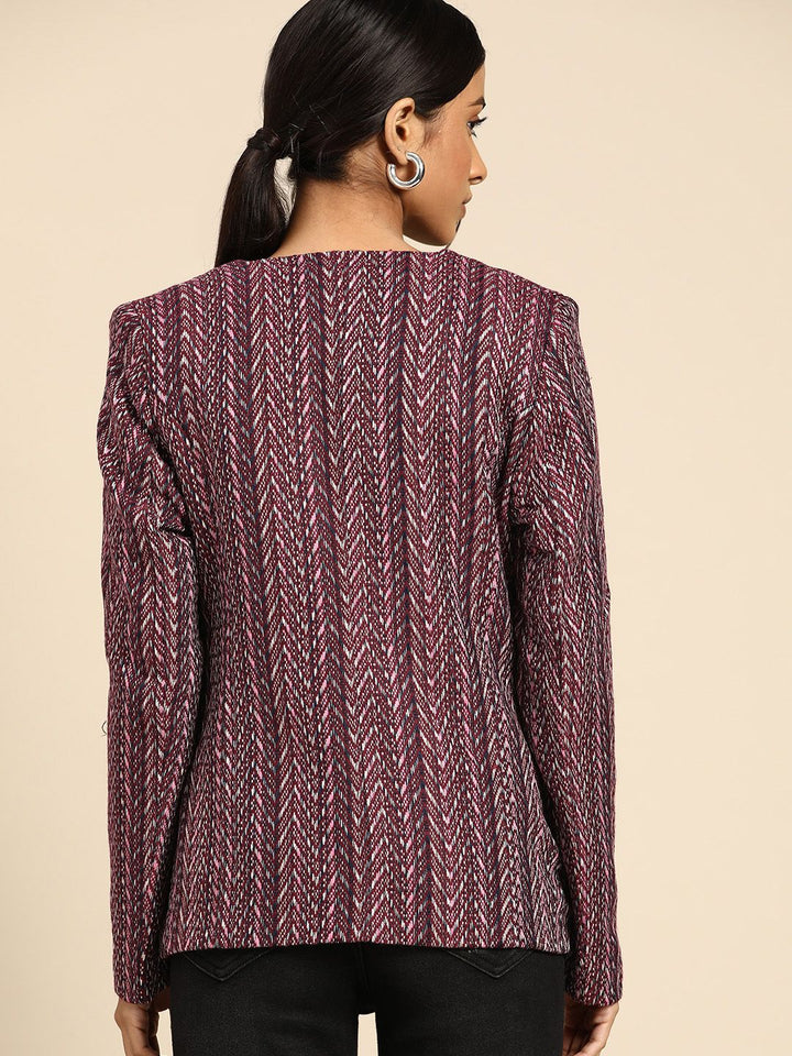 all about you Women Maroon Navy Blue Striped Open Front Jacket