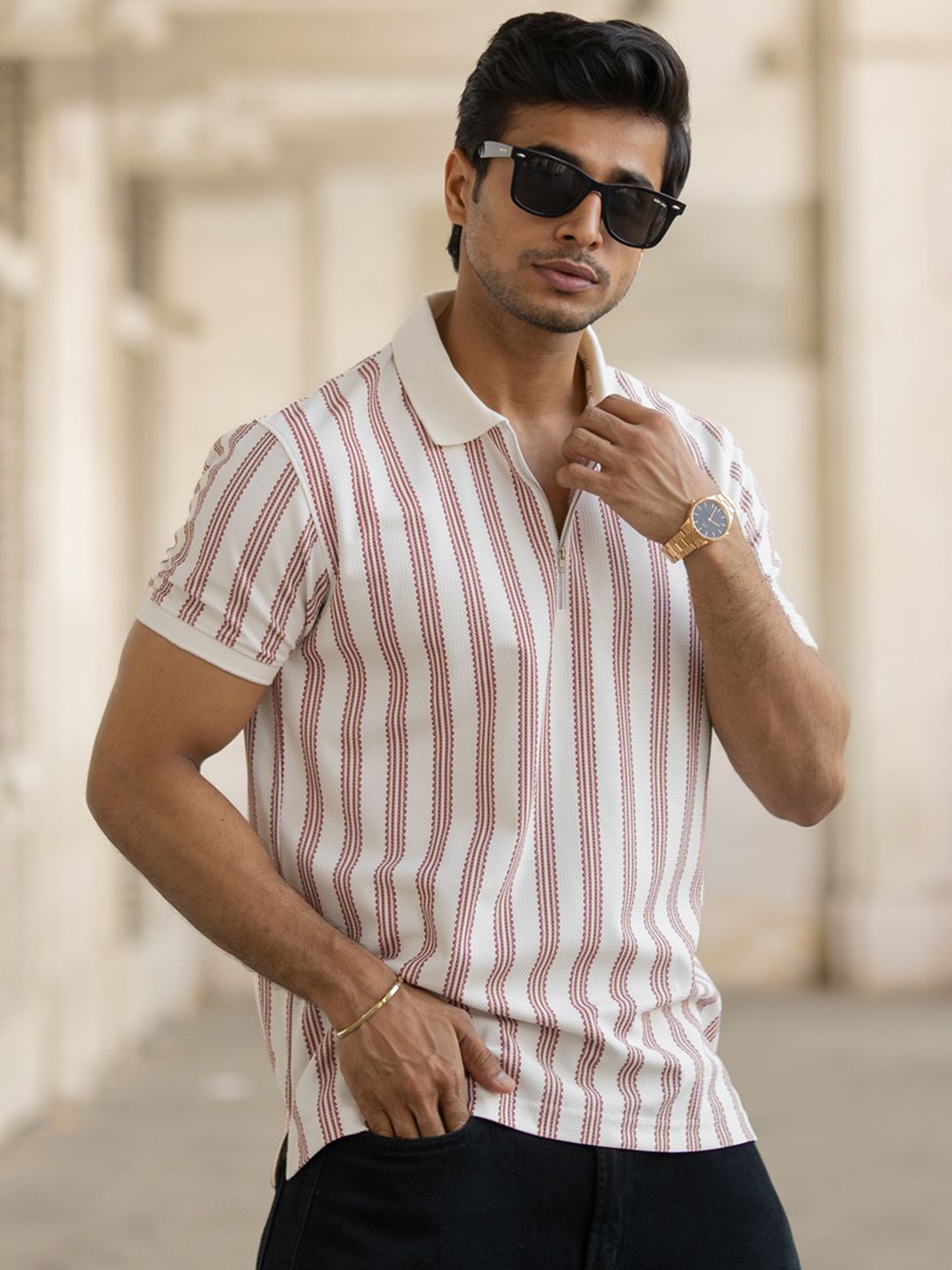 Powerlook Men Striped Polo Collar T-shirt