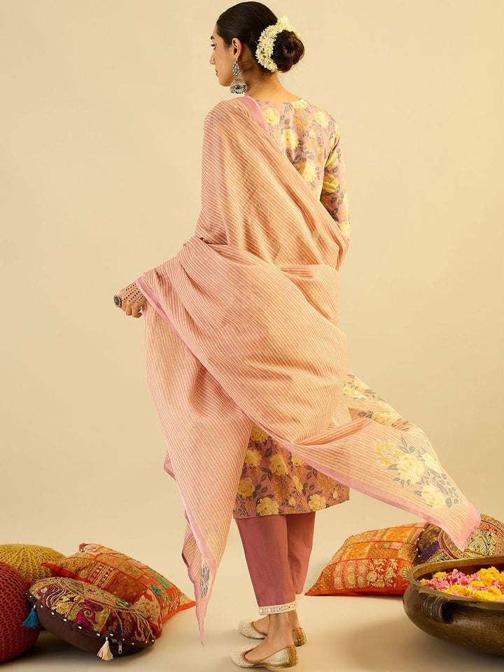 Indo Era Floral Printed Pure Cotton Kurta With Trousers &  Dupatta