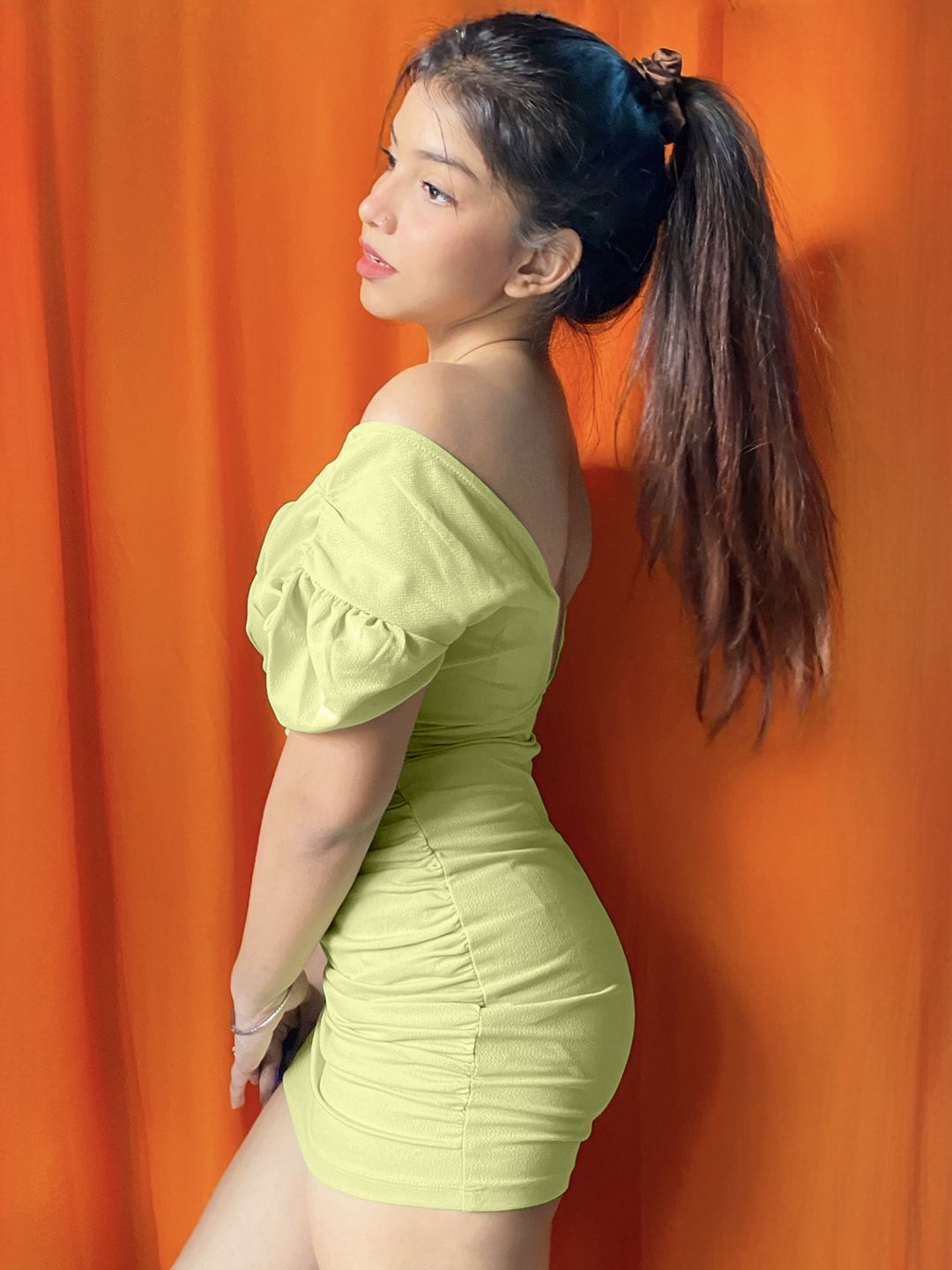 STREET 9 Lime Green Solid Crepe Sheath Mini Dress