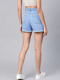 SASSAFRAS Women Blue Washed High-Rise Distressed Denim Shorts