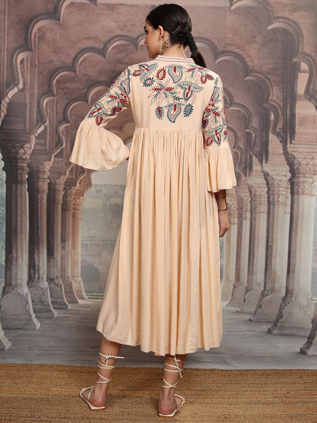 Vishudh Embroidered Tie-Up Neck Bell Sleeves Maxi Dress