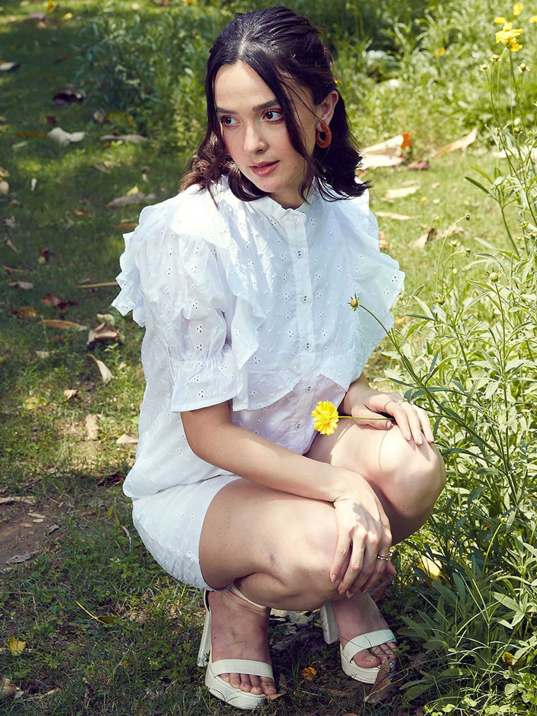 SASSAFRAS White Schiffli Pure Cotton Shirt & Shorts