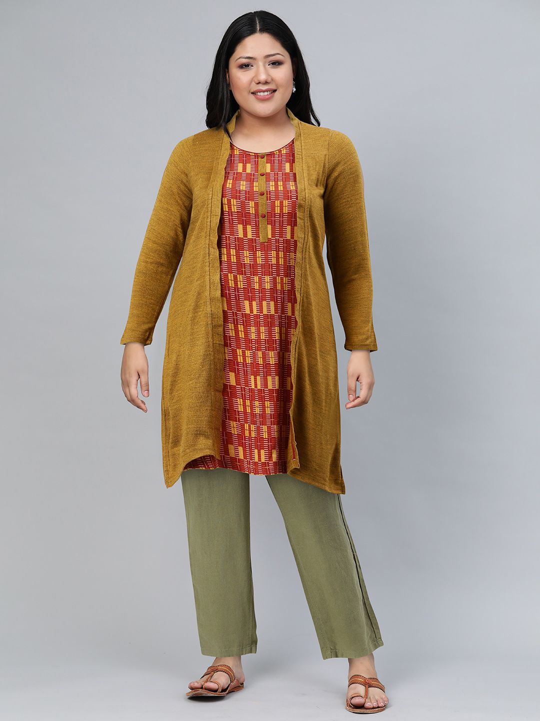 AURELIA Women Mustard Yellow & Red Printed Acrylic Straight Kurta