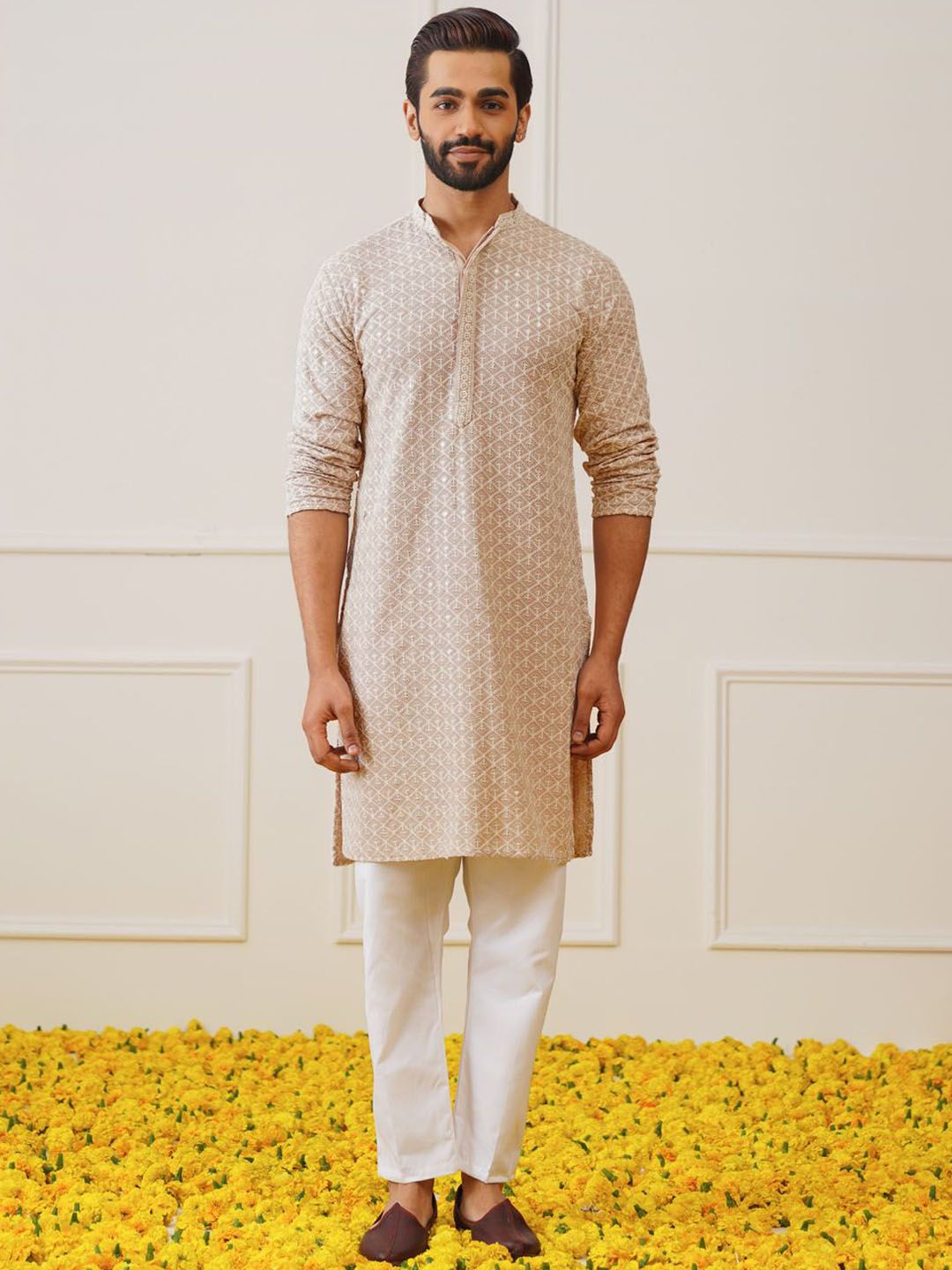 Jompers Geometric Embroidered Thread Work Pure Cotton Kurta With Pyjamas