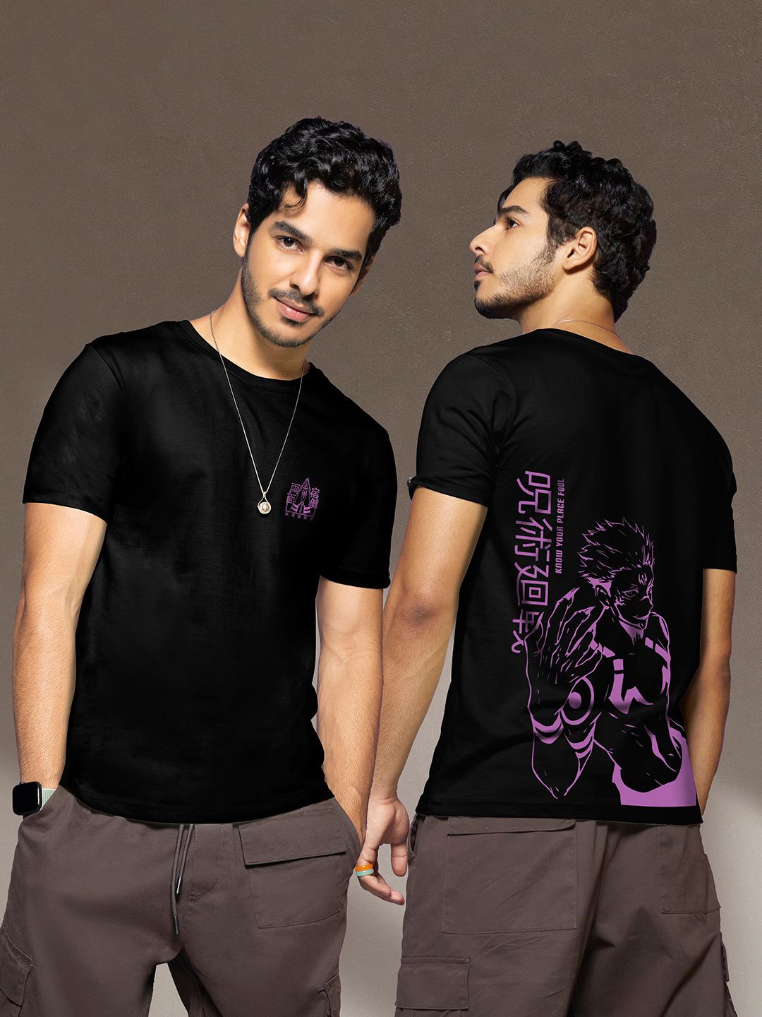 Bewakoof Men Black & Purple Printed Pure Cotton T-shirt