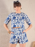 SASSAFRAS Navy Blue Floral Printed Round Neck Crop Top With Shorts