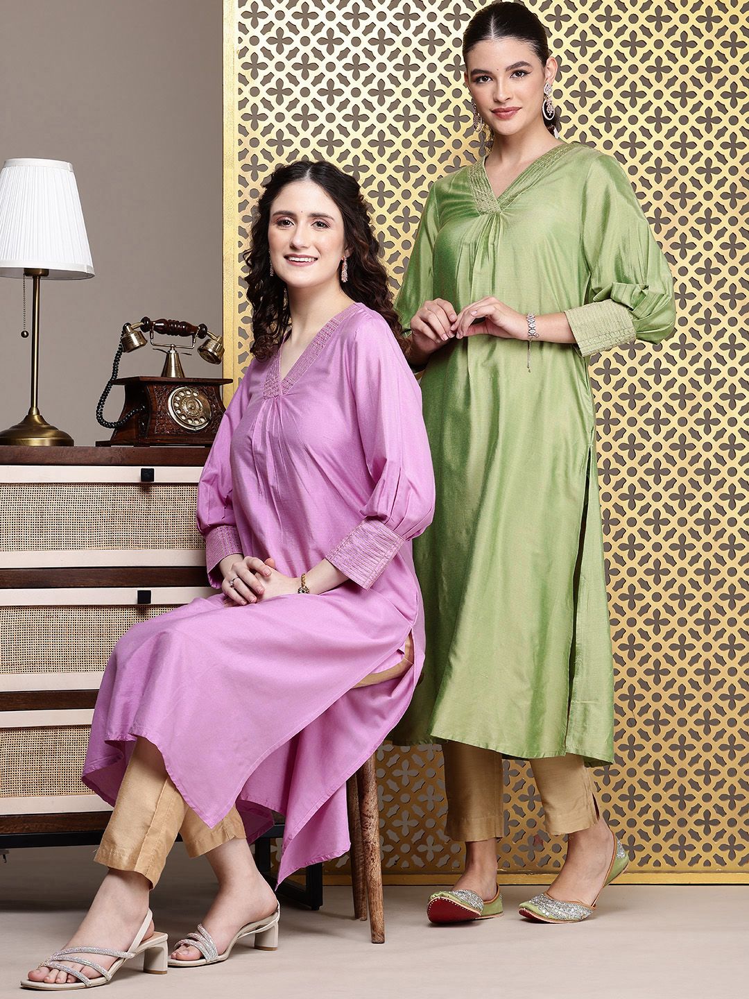 House of Pataudi V-Neck Zari Sequinned Pleated Rozana Kurta