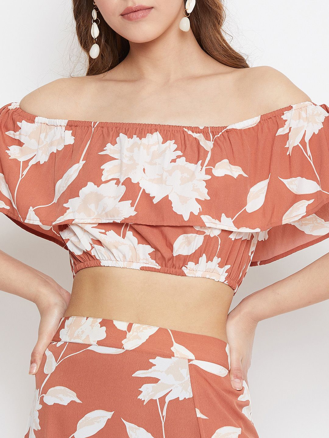 Berrylush Brown & White Floral Printed Co-Ords