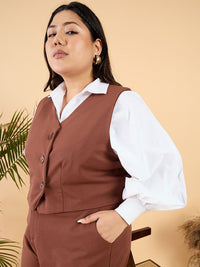 CURVY STREET Plus Size Brown V-Neck Waistcoat