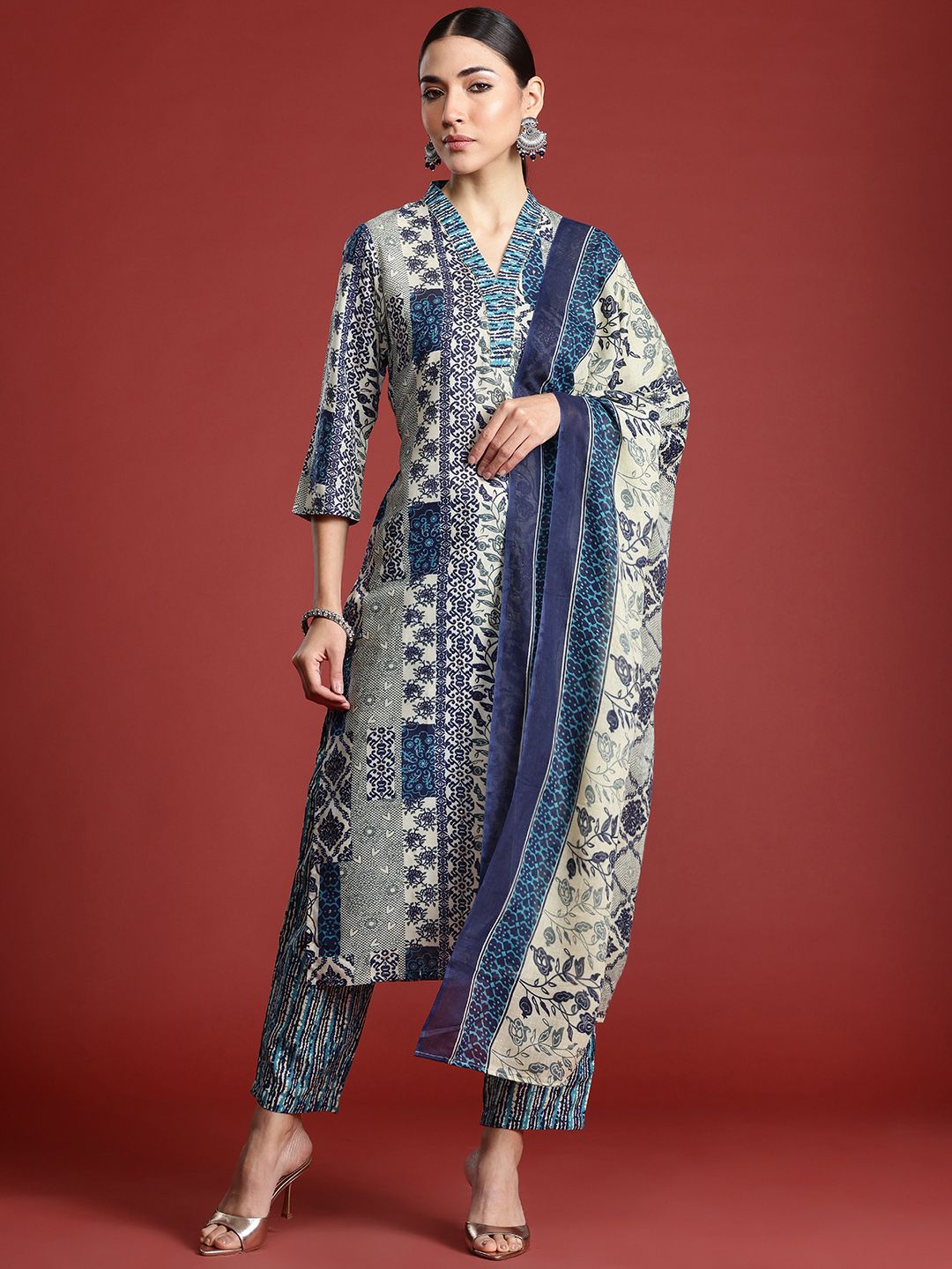 Indo Era Women Ethnic Motifs Printed Pure Cotton Kurta with Trousers & With Dupatta