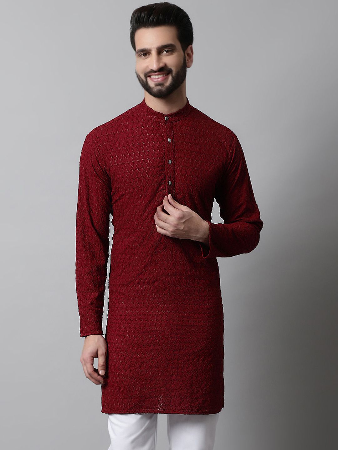 Jompers Men Maroon Floral Embroidered Thread Work Kurta