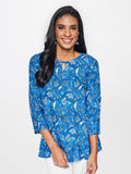 Global Desi Blue & White Floral Print Keyhole Neck Top